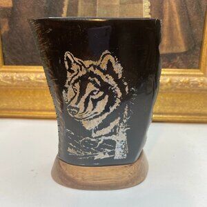 Wendake Buffalo Horn Pen Holder Etched/ Painted Wolf Design KC Gift Canada